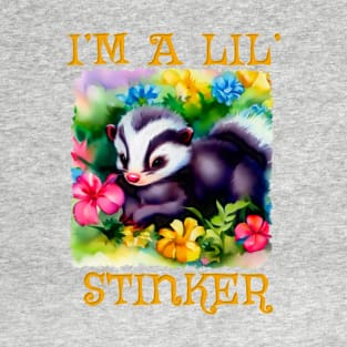 Cartoon I'M A LIL' STINKER Baby Skunk In Flower Bed T-Shirt